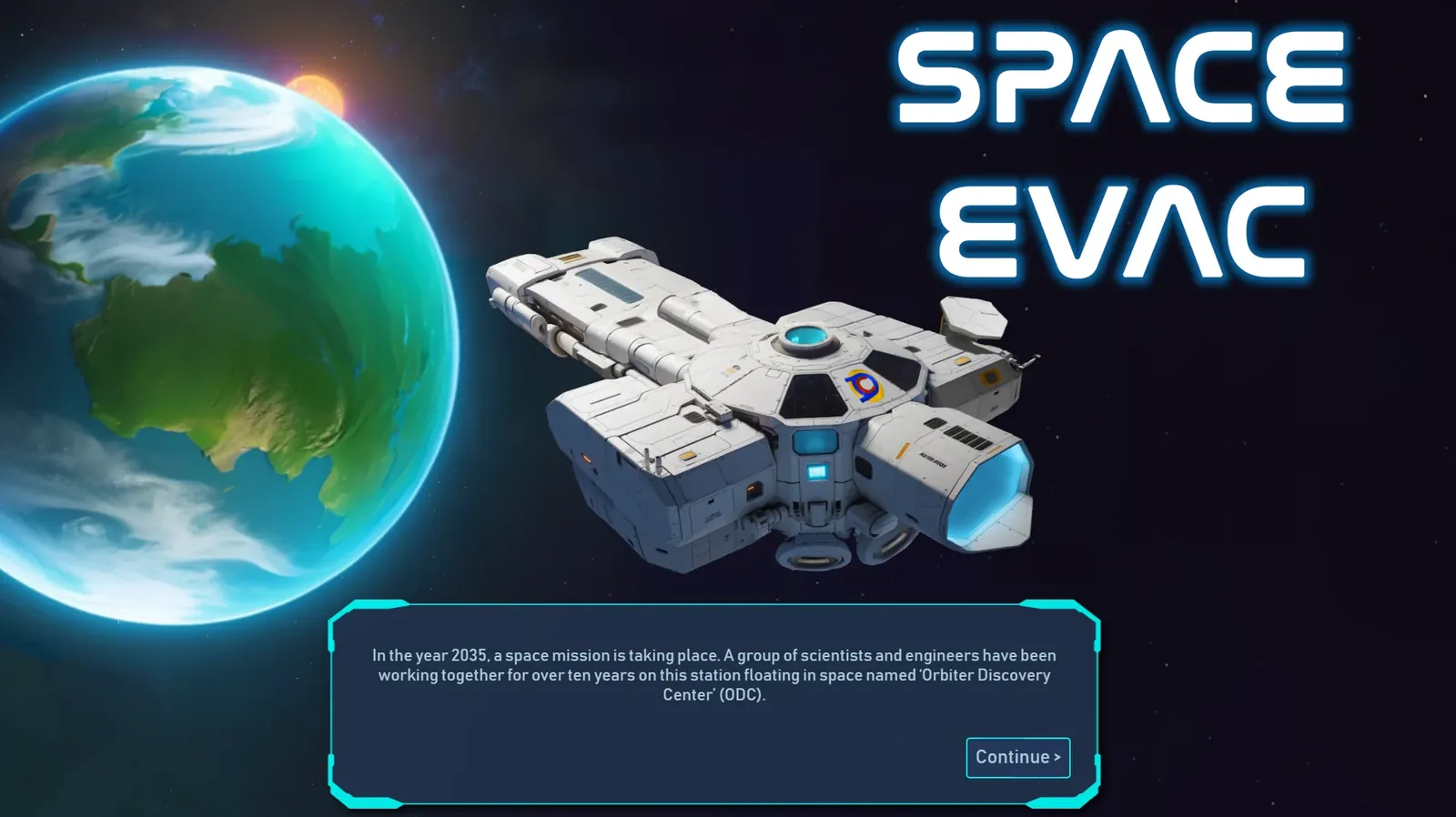 Space Evac launch screen with the Orbiter Discovery Center space station orbiting Earth